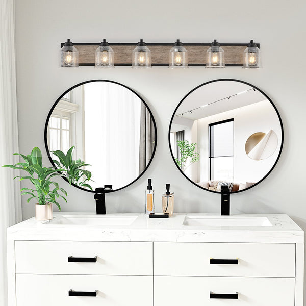 English Elm 49" Farmhouse Vanity Light Fixture - 6-Light Industrial Bathroom Sconce with Clear Seeded Glass Shades, Black Wood Finish W2312P374829