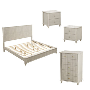 English Elm 4-piece King Bedroom Set Wavy Fluted Panel Solid Wood Dresser Nightstands Beige W1716S00029