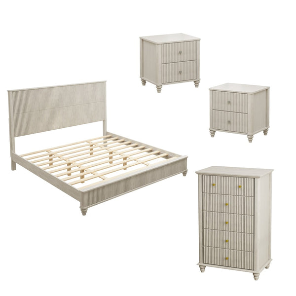 English Elm 4-piece King Bedroom Set Wavy Fluted Panel Solid Wood Dresser Nightstands Beige W1716S00029