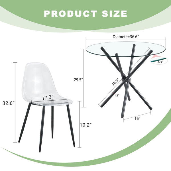 English Elm Table Set: Modern Round Tempered Glass Dining Table With 4 Transparent Chairs & Black Metal Legs W1151S03677-GIGA
