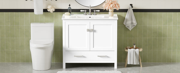 English Elm 36" White Bathroom Vanity with Ceramic Sink, Soft-Close Doors, Divided Drawer & Double Shelves for Organized Modern Bathrooms N729P276609K
