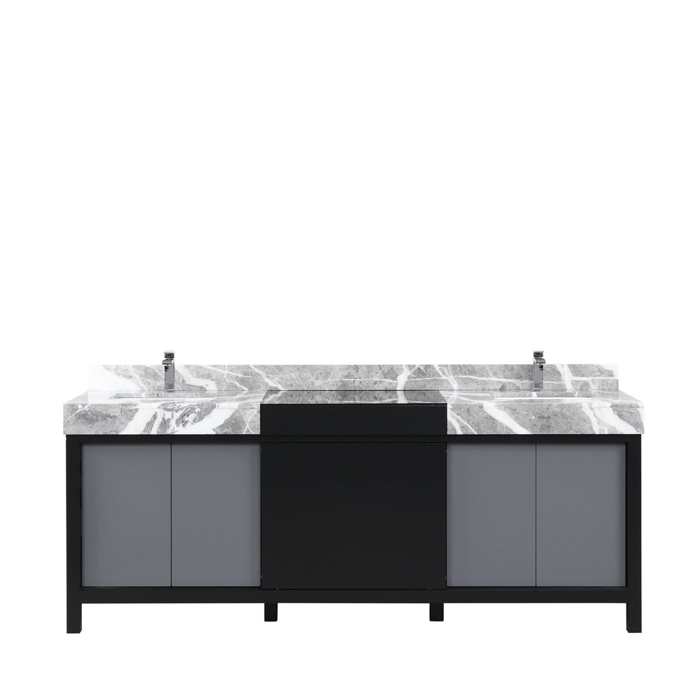 English Elm Black Double Bath Vanity 84" W X 22" D With Castle Grey Marble Top & Chrome Faucet - Modern Storage Solution B2731P261132