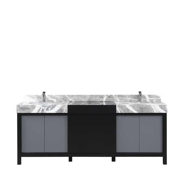 English Elm Black Double Bath Vanity 84" W X 22" D With Castle Grey Marble Top & Chrome Faucet - Modern Storage Solution B2731P261132
