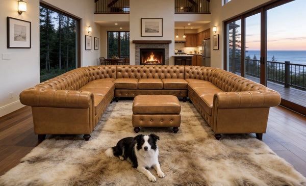 English Elm Chesterfield Button Tufted U-shape Sectional Leather Match Seating for Spacious Rooms Ginger B2748S00149