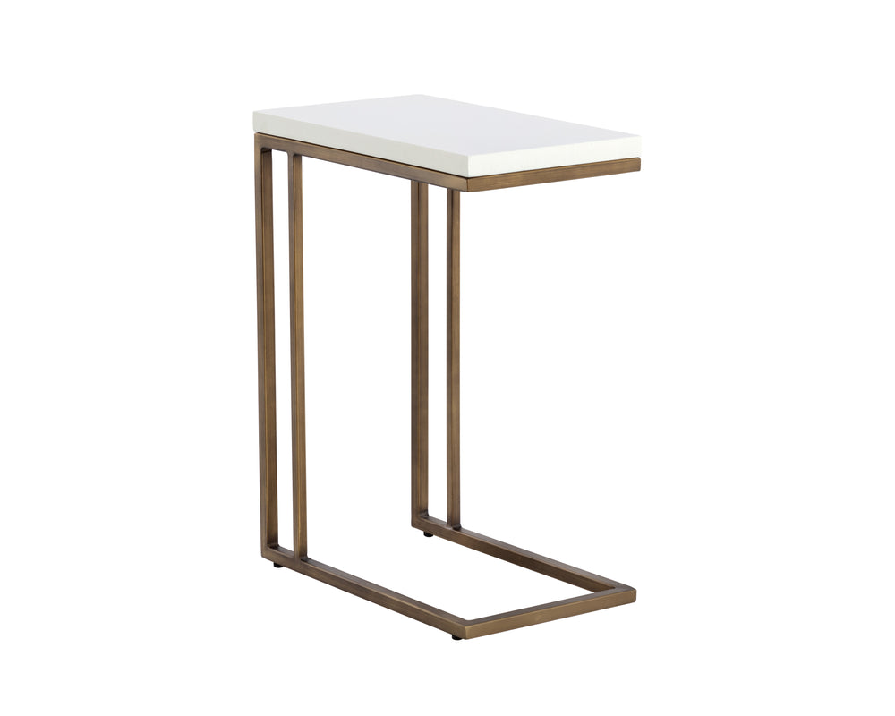 Sunpan Sawyer C-Shaped End Table: Stylish Minimalist Accent for Small Spaces with Unique Concrete Top Antique Brass / White