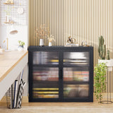 English Elm Retro Style Haze Double Glass Door Wall Cabinet With Detachable Shelves For Office, Dining Room,Living Room, Kitchen and Bathroom Black