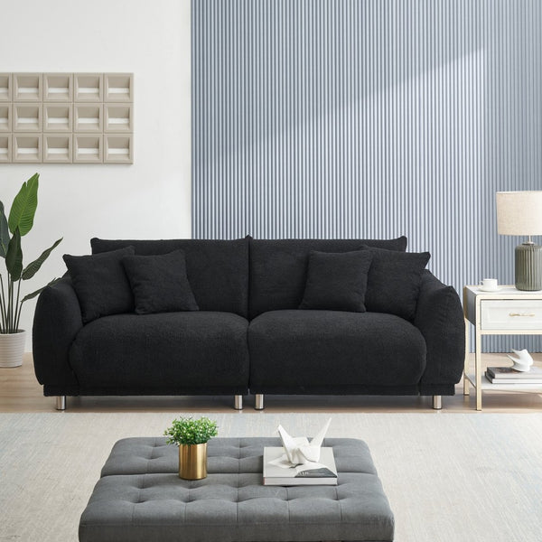 English Elm 86.6 Inch Teddy Fleece Three-seat Sofa with Silver Legs and Four Plush Pillows Black W1658S00158