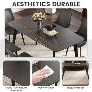 English Elm 62.99" Modern Artificial Stone Dining Table With Black Curved Edges, Metal Legs - Seats 6 Comfortably W1535S00516