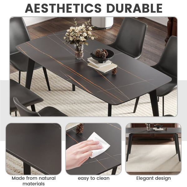 English Elm 62.99" Modern Artificial Stone Dining Table With Black Curved Edges, Metal Legs - Seats 6 Comfortably W1535S00516
