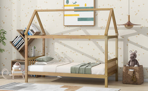 English Elm Twin House Bed with Headboard and Footboard — Space-Saving Rubberwood Frame, Playful Architectural Design White Oak W504P225961