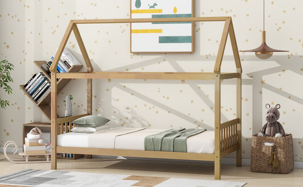 English Elm Twin House Frame Bed Solid Rubberwood Pitched Roof Headboard Kids Room White Oak W504P360081