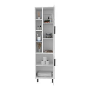 English Elm Delta Storage Cabinet Modern White Bathroom Organizer with 3 Open Shelves, 2 Closed Compartments, Elevated Black Legs — Durable Engineered Wood (45.67x22.83x7) B092P315578
