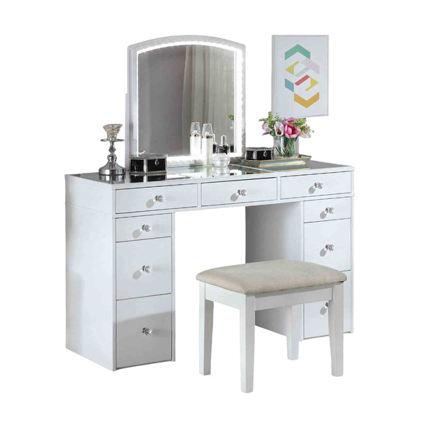 English Elm Contemporary Glam Vanity with Rhinestone Trim and Tempered Glass Top, High Gloss Finish, Illuminated Appeal White 27 L x 23 W x 32 H B2741S00683