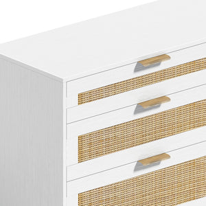 English Elm 59" Rattan Dresser with 6 Spacious Drawers, Stylish Woven Texture, Metal Handles & Wood Legs for Bedroom White W757P209514