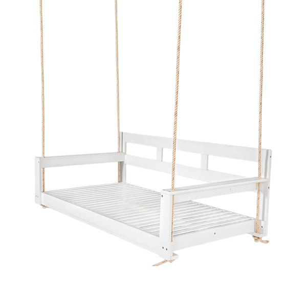 English Elm TOPMAX Acacia Wood Twin Porch Swing Bed Frame with High Back, 350lb Capacity & 118" Hemp Ropes White N717P265795K