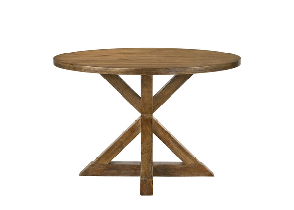 English Elm Wallace Weathered Oak Round Pedestal Dining Table, 36mm Thick Top, X‑Style Base, 100lb Capacity B2726P264191