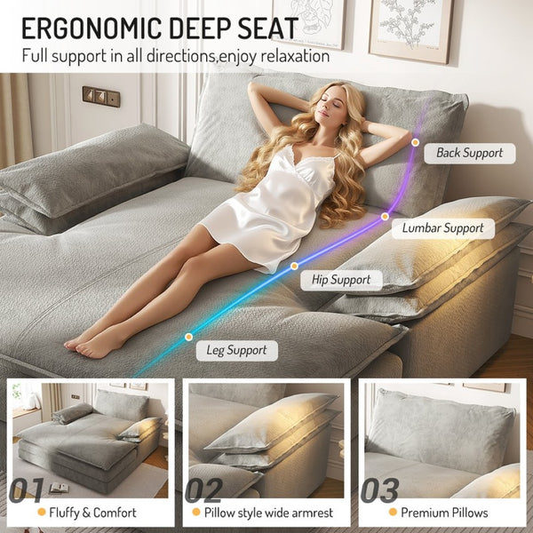 English Elm Modern Chenille Double Chaise Lounge Deep Seat Sofa with Detachable Backrest and Pillows Grey W1885S00413