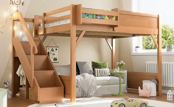 English Elm Twin Low Loft Bed Solid Pine Frame Kids Study Desk Blackboard Storage White Antique Natural W1580S00554