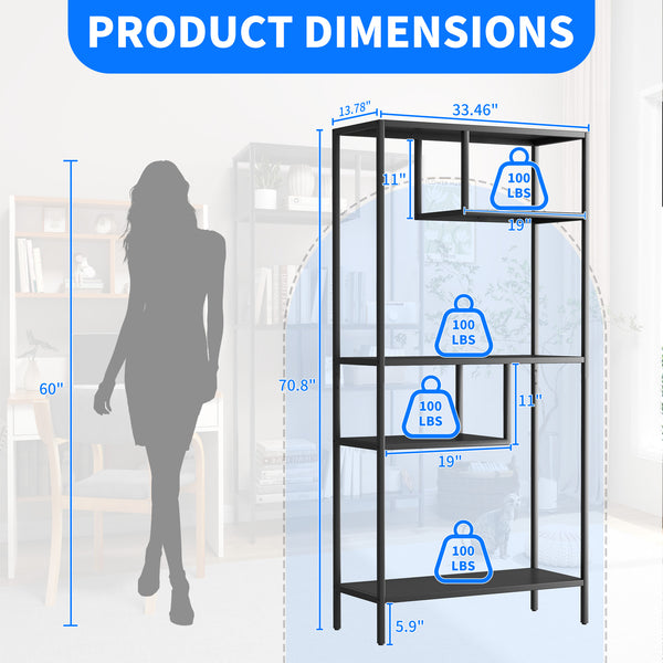 English Elm Modern Cube Storage Shelf with 4 Compartments, Metal Legs Freestanding Organizer for Living Room Home Office Decor and Display — 33W x 13D x 70H T2398P286673