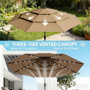 English Elm Garden Cantilever Patio Umbrella with Solar Led Lights and Upf30 Polyester Canopy Khaki T3971P481922