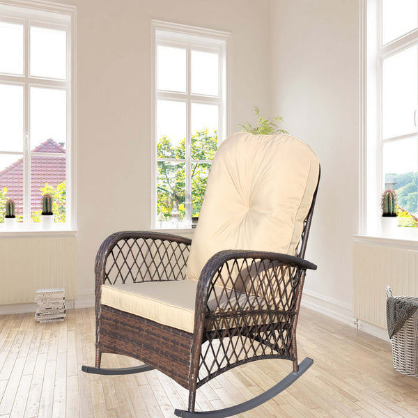 English Elm Outdoor Wicker Rocking Chair with Wide Seat, Thick Removable Cushion, Steel Frame, Weather-Resistant Rocker for Patio Garden Relaxation Brown W209P265093