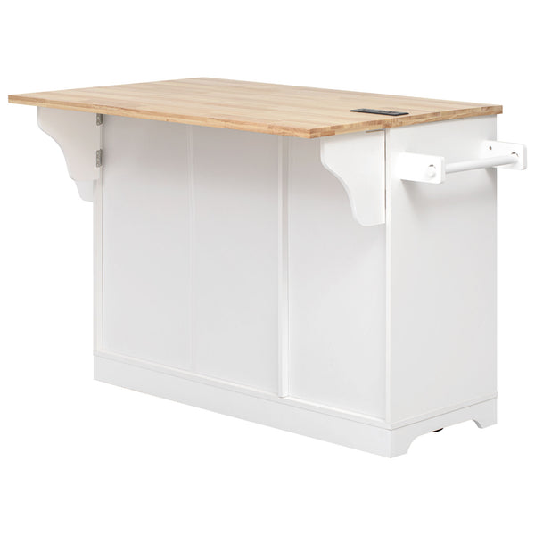 English Elm K&K Vintage Kitchen Island with Rubberwood Top, Hidden Wheels, Pull-Out Trash & Charging Station White N707P299014W