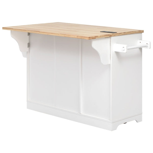 English Elm K&k Rolling Kitchen Island Rubber Wood Top Brass Hardware Built-in Outlets Storage White N707S299014W