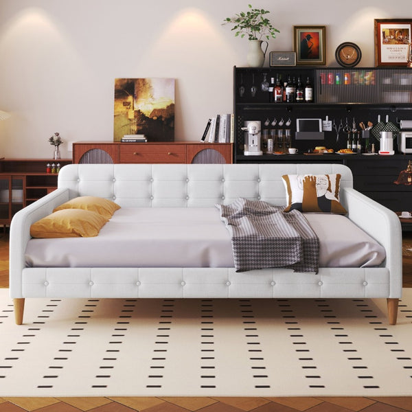 English Elm Full Size Linen Tufted Daybed with Pine Frame for Living or Guest Room Beige DL001825AAK-1