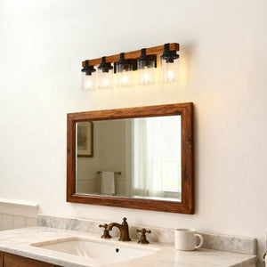 English Elm 5-light Matte Black Wood Accent Vanity Bar with Clear Glass Shades for Bath or Kitchen W5008P388945