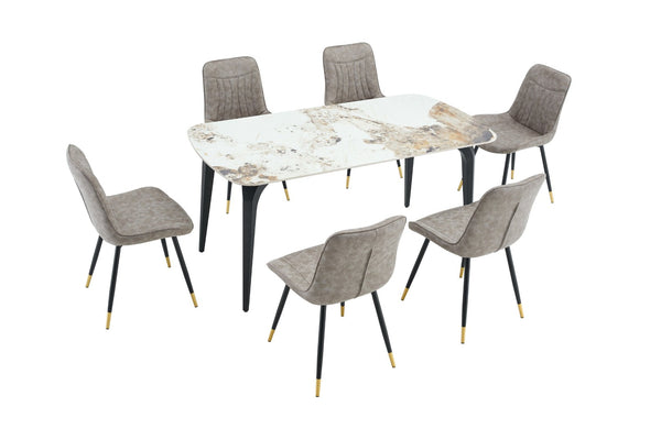 English Elm Modern Sintered Stone Rectangular Dining Table with Gold Accent Metal Base W3493S00016