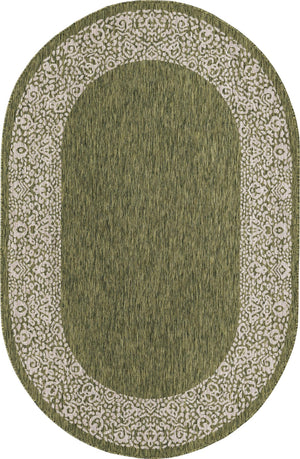 Unique Loom Outdoor Border Floral Border Machine Made Floral Rug Green, Ivory/Gray 5' 3" x 8' 0"