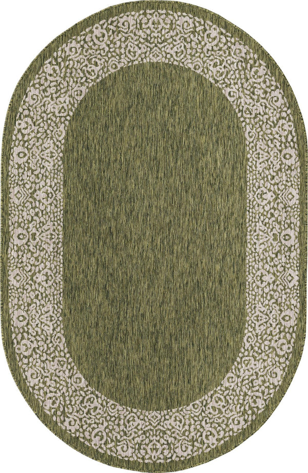 Unique Loom Outdoor Border Floral Border Machine Made Floral Rug Green, Ivory/Gray 5' 3" x 8' 0"