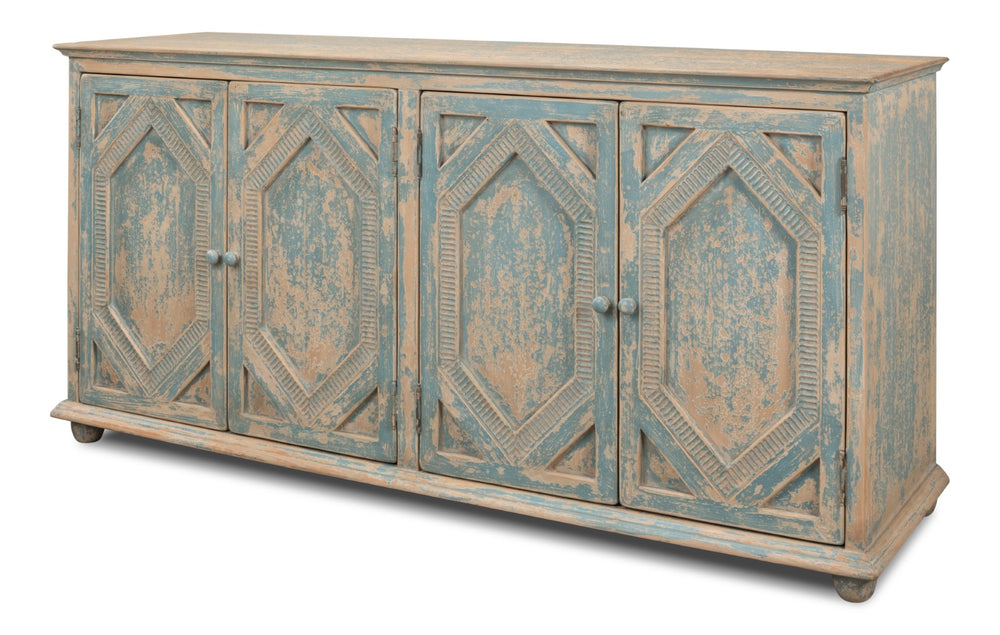 Sarreid Four Diamonds Sideboard Blue - Stylish Pine Storage With 2 Removable Shelves & Chic Matte Finish Blue  28790