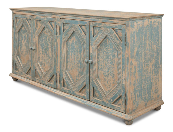 Sarreid Four Diamonds Sideboard Blue - Stylish Pine Storage With 2 Removable Shelves & Chic Matte Finish Blue  28790
