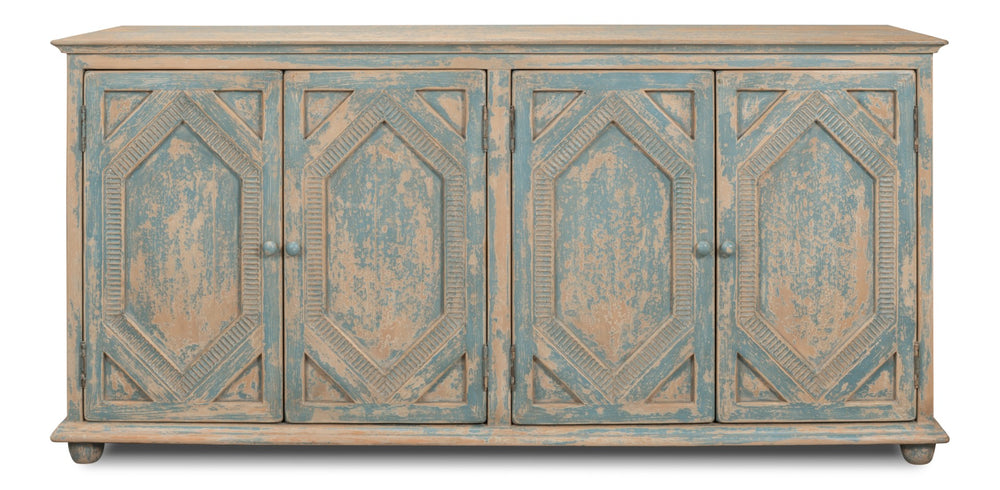 Sarreid Four Diamonds Sideboard Blue - Stylish Pine Storage With 2 Removable Shelves & Chic Matte Finish Blue  28790