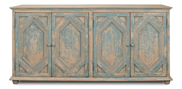 Sarreid Four Diamonds Sideboard Blue - Stylish Pine Storage With 2 Removable Shelves & Chic Matte Finish Blue  28790