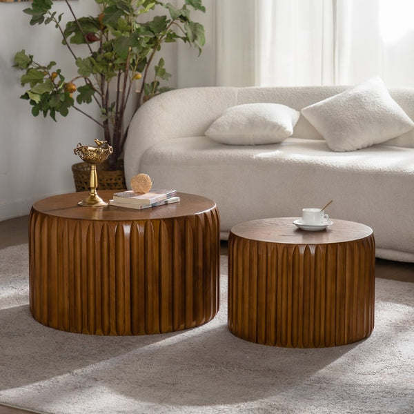 English Elm Set of 2 Fluted Nesting Round Tables Solid Wood Mdf Mid-century Living Room W3158P407134