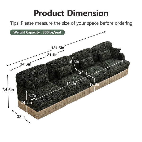 English Elm 131" Chenille Leopard Sectional Sofa Modular 4 Seat Deep Cushion Tassel Trim Green W5656S00034