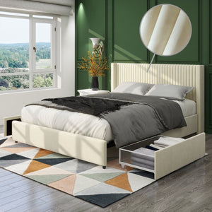 English Elm Same Anna Patented 2-Drawer Queen Storage Bed In Ivory Velvet - Modern Wingback Design With Support B191P191592-GIGA