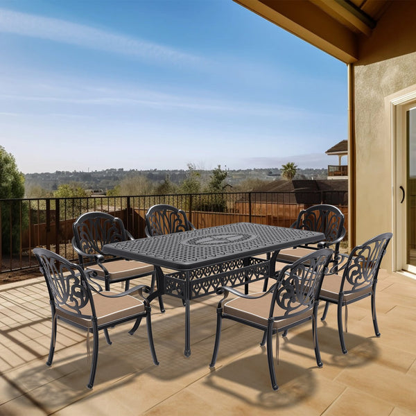 English Elm 7-Piece Cast Aluminum Patio Furniture Set With Black Frame & Brown Cushions For Stylish Outdoor Dining W1710S00494