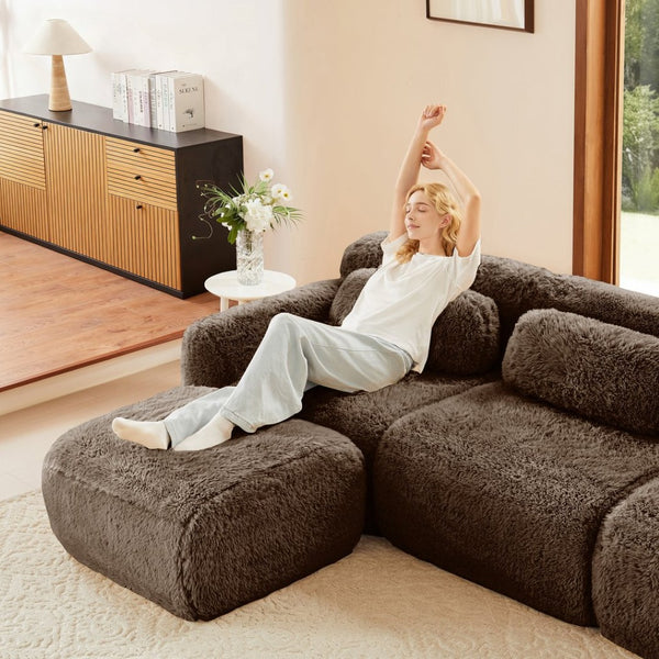 English Elm L-shaped Plush Sectional Sofa with Movable Ottoman and High Density Foam Living Room W714S01541