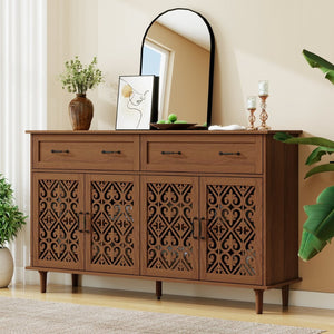 English Elm 4 Door Sideboard Buffet with Hand Carved Geometric Panels Black Oak Finish Raised Legs W688P359947