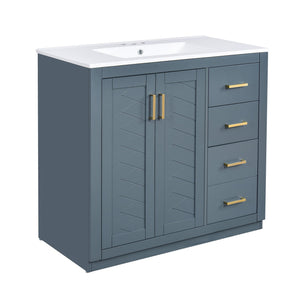 English Elm 36'' Bathroom Vanity with Ceramic Sink Combo Solid Wood Frame Soft-Closing Drawers Ample Storage Elegance Blue N710P243327C