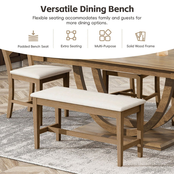 English Elm Topmax Six Piece Rubberwood Dining Set with Bench Linen Seats Sculptural Modern Style Brown N717S000029D