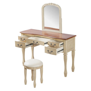 English Elm 46" Vintage Dressing Table Floral Carved Mirror 5 Drawers Stool Bedroom Vanity N704P381405K