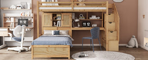 English Elm Twin Over Twin Loft Bed with Built-In Desk, Stairs, Shelving and Storage Headboard for Space-Saving Rooms Natural GX000465AAN