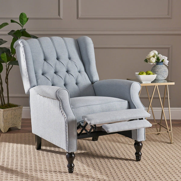 English Elm Charcoal Wingback Pushback Recliner with Button Tufted Diamond Fabric Upholstery Light Blue N763P410529H
