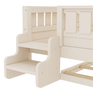 English Elm Twin Kids Platform Bed with Trundle Staircase Bookshelf and Rounded Safety Rails Beige W1580S00559