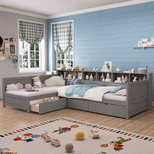 English Elm Twin Corner Daybed with Storage Drawers Bookshelf Wood L-shape Frame for Small Rooms Grey N733S369272E