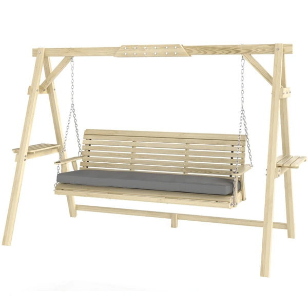 English Elm Chic Fir Wood Porch Swing Seat for Three with Side Trays and Adjustable Chain Natural Wood T3971P466695